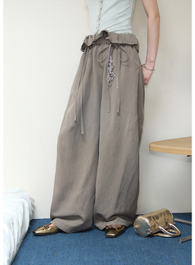 BLUEerror 宽松花边轻薄松紧腰阔腿裤女慵懒松弛显瘦黑色长裤早秋