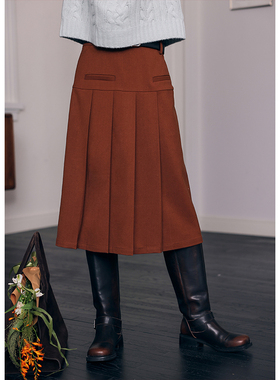 BLUEerror 显瘦高腰两穿百褶裙灰色半身裙女宽松羊毛加厚裙子冬