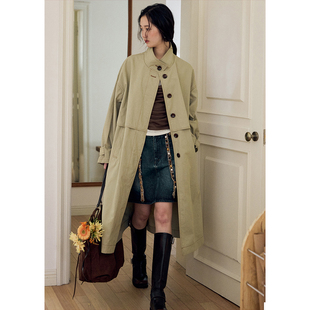 外套秋季 长款 宽松暗门襟立领慵懒绿色风衣女气质法式 BLUEerror