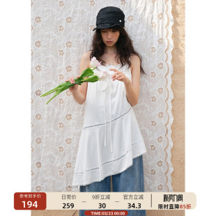 蕾丝拼接白色吊带连衣裙女无袖 00新品 不规则裙子春