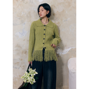 保暖秋冬 女慵懒针织衫 BLUEerror 圈圈毛感流苏坑条翻领毛衣开衫