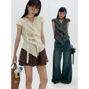 小飞袖 显瘦荷叶边衬衣夏季 飘带v领短袖 女上衣修身 衬衫 BLUEerror