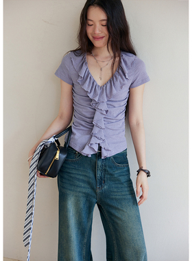 BLUEerror 修身显瘦荷叶边紫色V领短袖t恤女薄款花边领上衣夏季