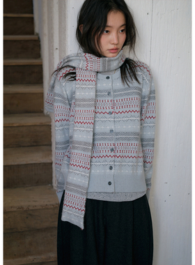 BLUEerror 带围巾圣诞费尔岛毛衣开衫女慵懒针织衫冬季