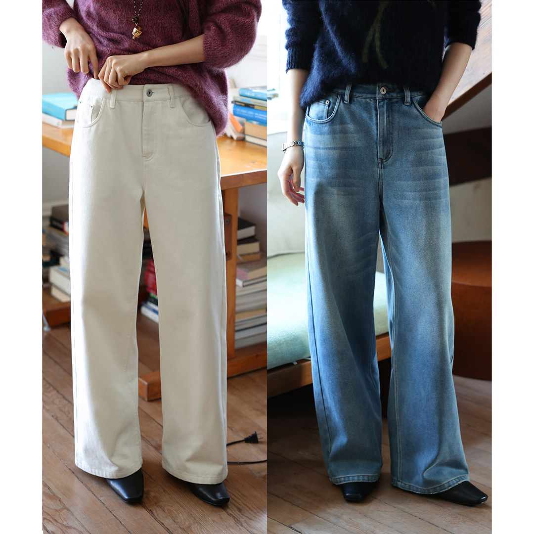 【10/20 20:00新品】抓绒保暖白色直筒牛仔裤女法式宽松长裤冬季