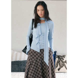 t恤秋季 BLUEerror 女显瘦荷叶边修身 打底衫 不规则飘带领蓝色长袖