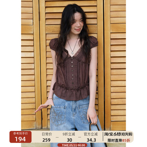 莱赛尔蕾丝花边v领短袖衬衫