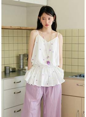 BLUEerror 花朵刺绣抽绳v领白色吊带背心女宽松无袖上衣夏季罩衫