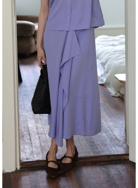 BLUEerror 竹节砂洗莱赛尔黑色半身裙女不规则搭片荷叶边裙子夏