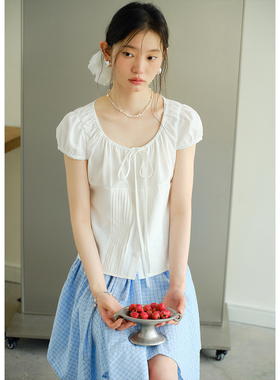 BLUEerror U领绑带泡泡袖白色短袖衬衫女休闲轻薄短款衬衣夏季