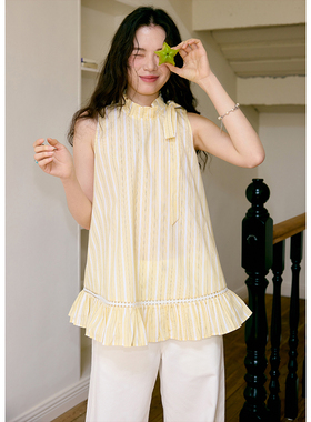 BLUEerror 黄色条纹花边蝴蝶结绑带挂脖背心女宽松无袖上衣夏季