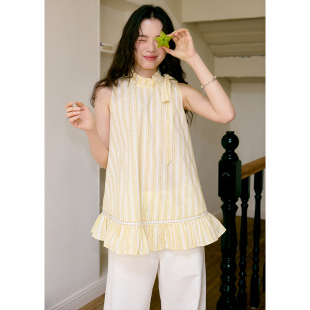 上衣夏季 BLUEerror 黄色条纹花边蝴蝶结绑带挂脖背心女宽松无袖