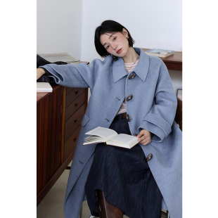 BLUEerror 牛角扣毛呢外套秋冬 宽松气质双面呢全羊毛大衣女长款