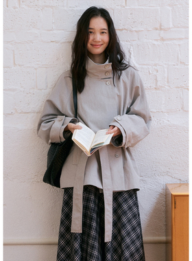 BLUEerror 立领系带收腰短款气质灰色风衣女法式宽松外套秋季新款