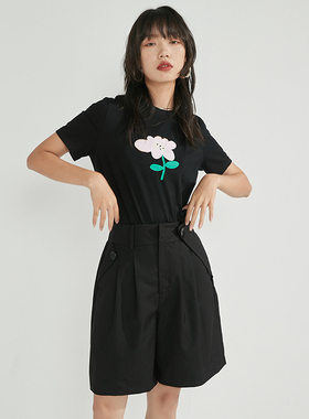 BLUEerror 宽松简约质感高腰黑色西装短裤女不对称直筒五分裤夏