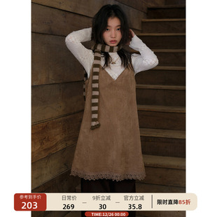 仿麂皮蕾丝花边吊带连衣裙女v领叠穿裙子冬季 限时9折购 新品