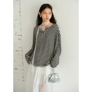 春 T恤女宽松圆领羊毛打底衫 BLUEerror 慵懒蕾丝飘带黑白条纹长袖