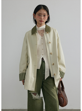 BLUEerror 宽松率性撞色翻领风衣外套女纯棉中长款休闲上衣春季