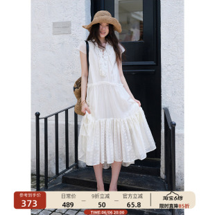 【6/6 20:00新品】木耳边拼接v领花边短袖连衣裙女长款蛋糕裙夏季
