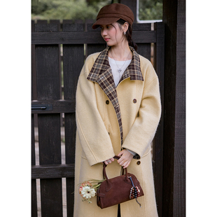 呢子大衣冬季 BLUEerror 羊驼毛格纹拼接立领棕色毛呢外套女长款