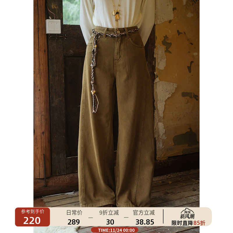 宽松卡其色保暖加绒阔腿裤