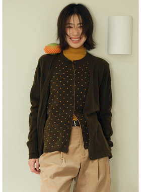 BLUEerror 波点假两件保暖毛衣开衫女红色慵懒针织衫冬