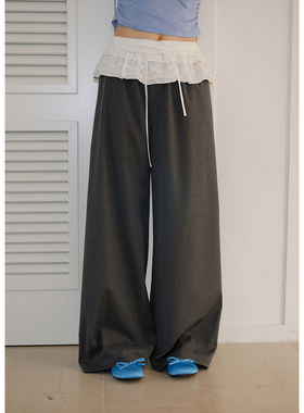 BLUEerror 慵懒花边拼接灰色阔腿裤女宽松休闲裤