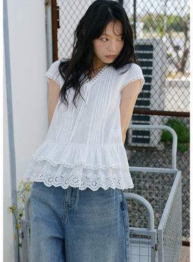 BLUEerror v领独特花边短袖绑带白色衬衫女显瘦纯棉慵懒上衣夏季