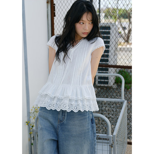 v领花边短袖绑带白色衬衫