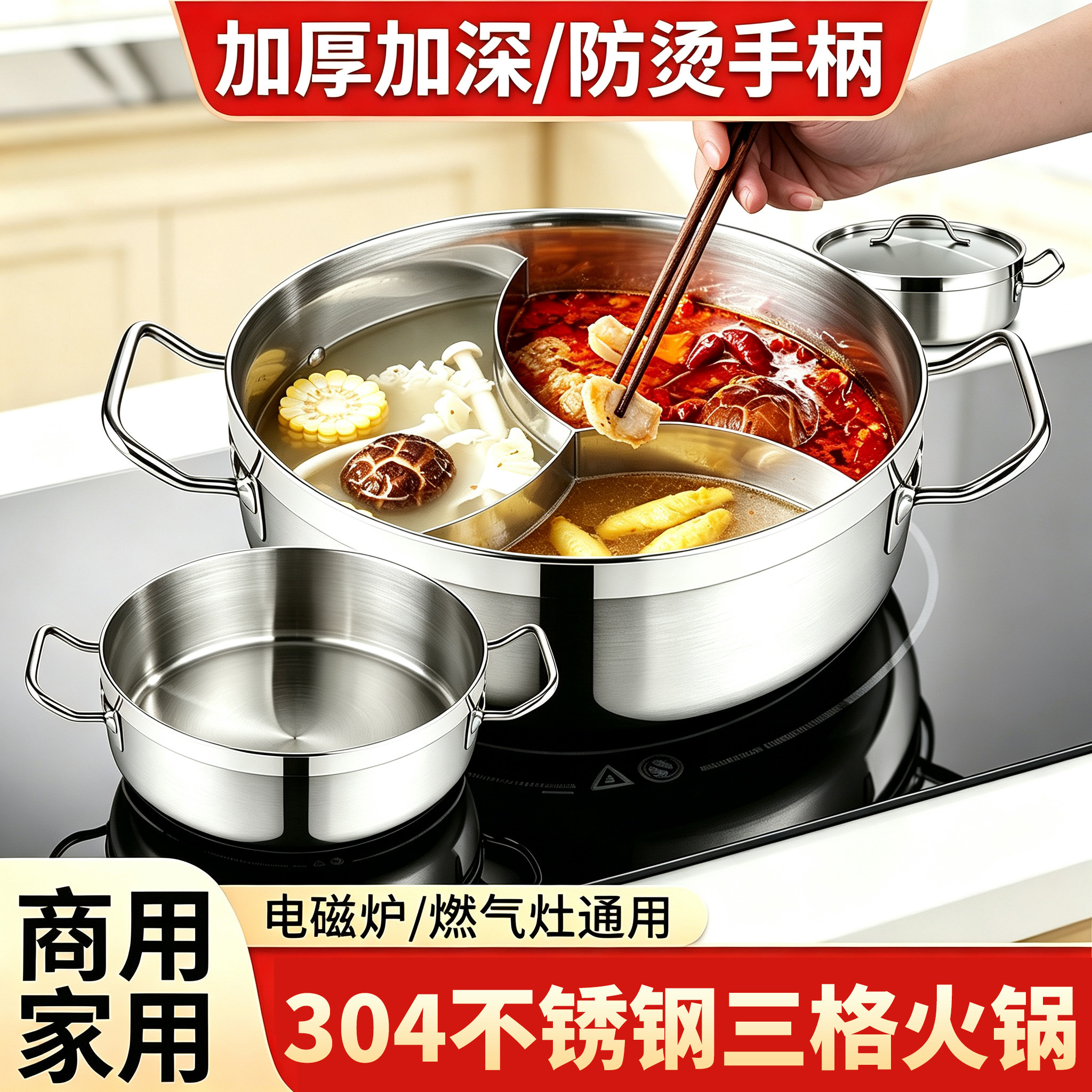304不锈钢电磁炉专用三味鸳鸯锅