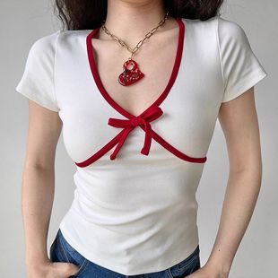 设计小众上衣 夏季 洋气红色蝴蝶结拼接纯棉短袖 t恤女修身 显瘦法式