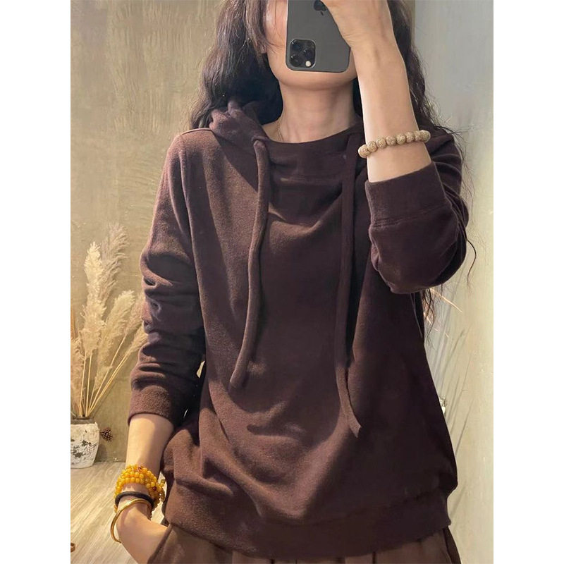 美拉德洋气减龄复古德绒秋冬连帽长袖打底衫女装百搭休闲卫衣上衣