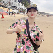 套装 古着男短袖 女 夏威夷花衬衫 海南岛沙滩服三亚旅游冰丝港风大码