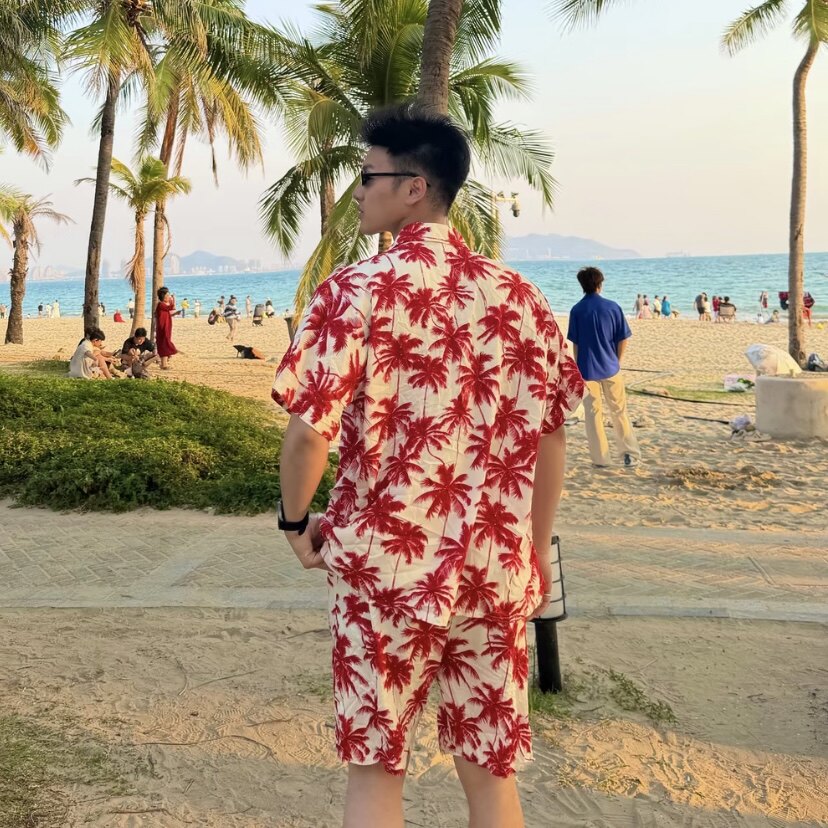 海南三亚夏季夏威夷沙滩度假宽松休闲岛服短袖花衬衫情侣套装