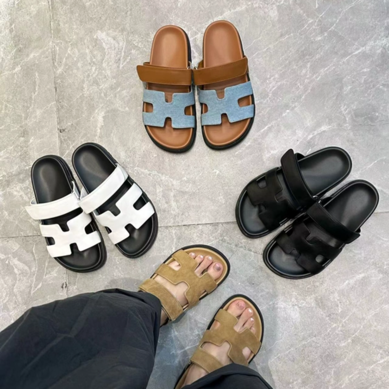 真皮软厚底H拖鞋女二舅夏季外穿复古一字拖平底露趾休闲凉拖鞋