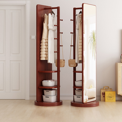 实木全身镜落地镜家用可移动旋转卧室试衣镜子带挂衣架一体穿衣镜