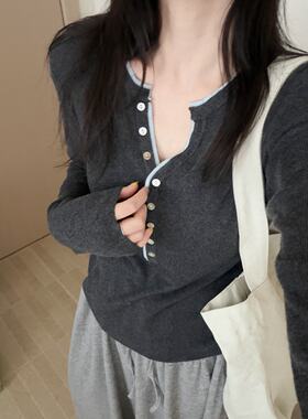 拼接V领针织衫打底修身型中性风长袖女装毛针织衫秋季日常简约