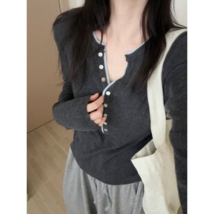 拼接V领针织衫打底修身型中性风长袖女装毛针织衫秋季日常简约