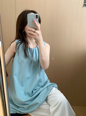 此外  日系棉麻吊带背心女中长款无袖宽松上衣清新慵懒风蓝色小衫