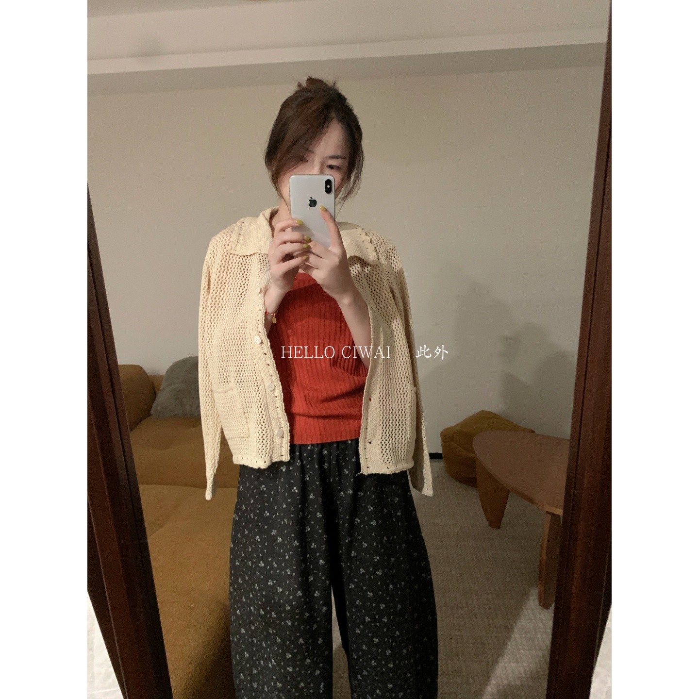 此外镂空翻领口袋针织开衫女图片