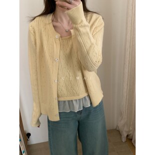 此外 甜美淑女风蕾丝拼接针织开衫两件套女春季新款气质减龄毛衣