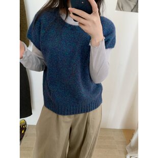 毛绒针织短袖休闲风花色套头毛衣女款常规款单件宽松休闲针织衫