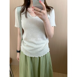 此外  韩系木耳边短袖针织衫女夏季纯色圆领宽松显瘦软糯上衣