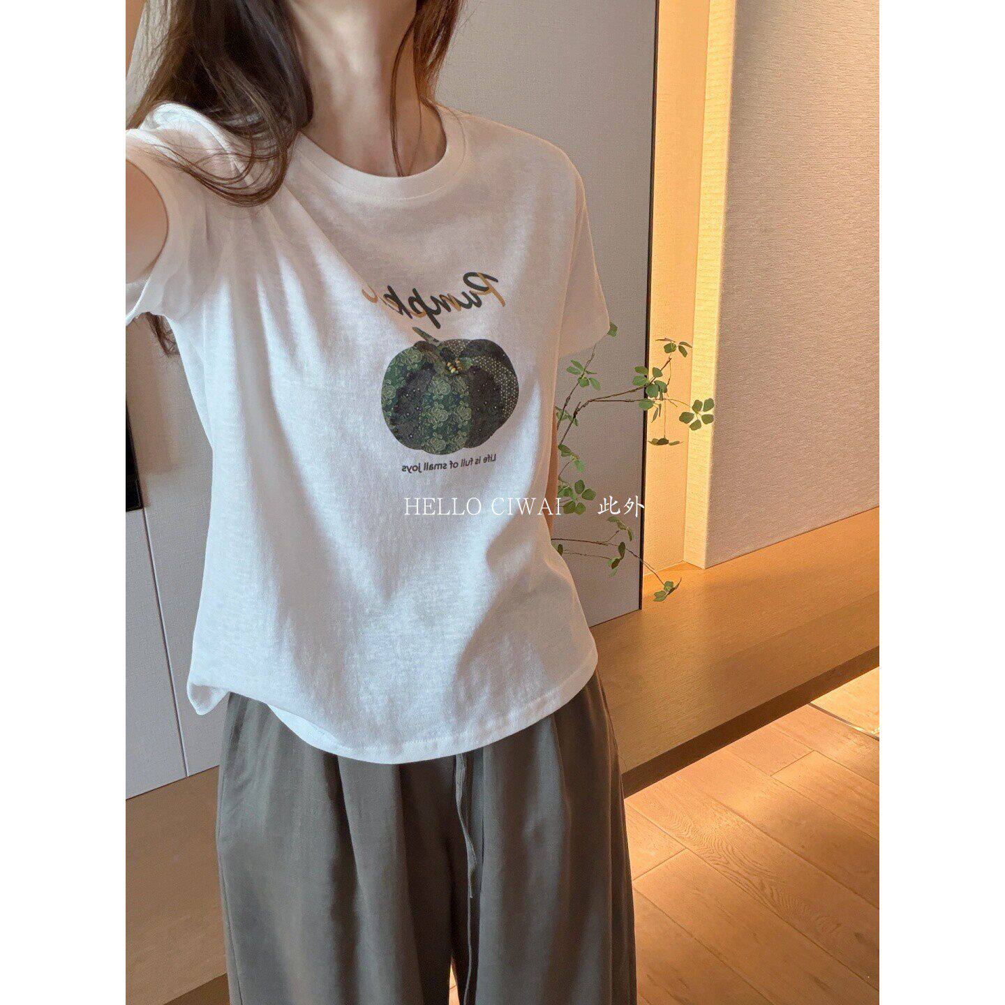 此外 绿色南瓜印花T恤女2026夏季新款圆领正肩短袖上衣学生减龄款 - 实物图