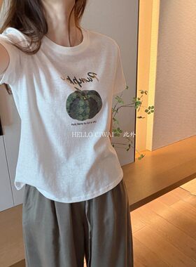 此外 绿色南瓜印花T恤女2026夏季新款圆领正肩短袖上衣学生减龄款