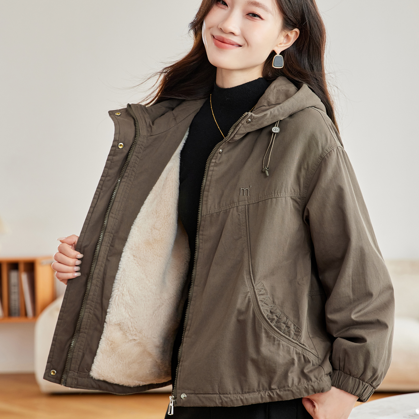 大码女装加绒派克服棉衣外套