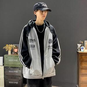 美式高街三条杠卫衣开衫大码男2024春秋季复古重磅插肩袖连帽外套