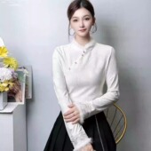 修身 新中式 大码 女气质立领水貂毛拼接长袖 显瘦刺绣上衣 国风打底衫