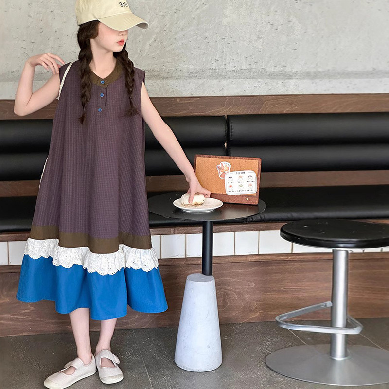 花边拼色女童夏装连衣裙儿童无袖背心裙2026新款韩度假风女孩裙子