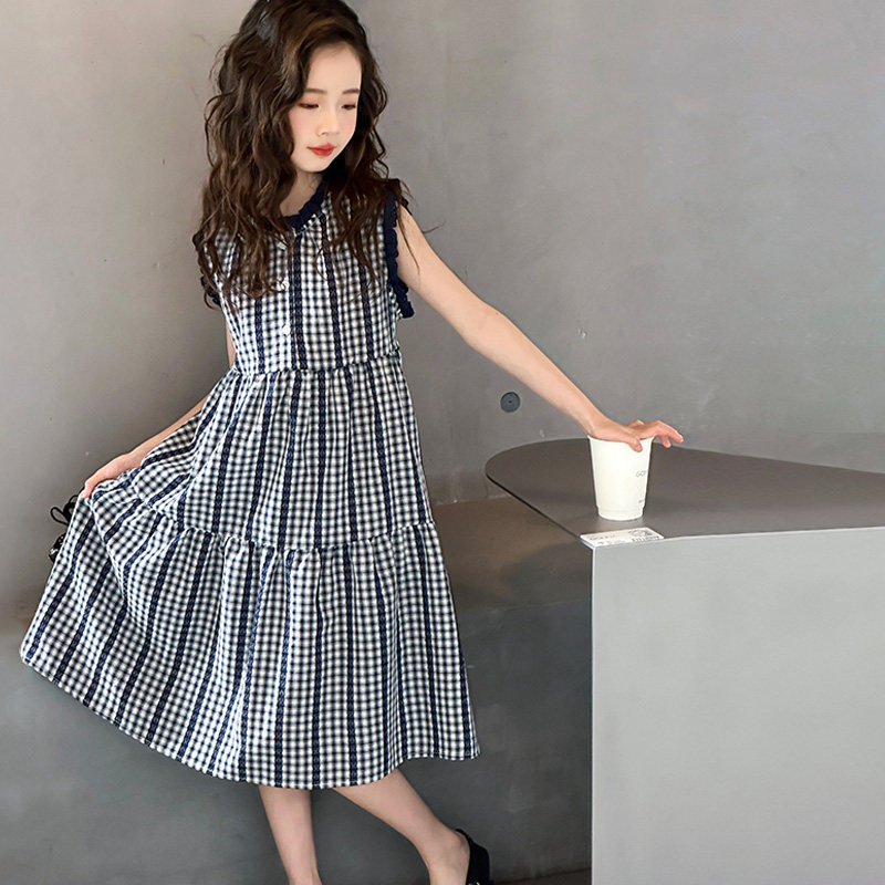 女童夏装连衣裙儿童无袖格子裙子